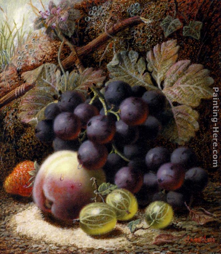 Still Life with Black Grapes, a Strawberry, a Peach and Gooseberries on a Mossy Bank painting - Oliver Clare Still Life with Black Grapes, a Strawberry, a Peach and Gooseberries on a Mossy Bank art painting